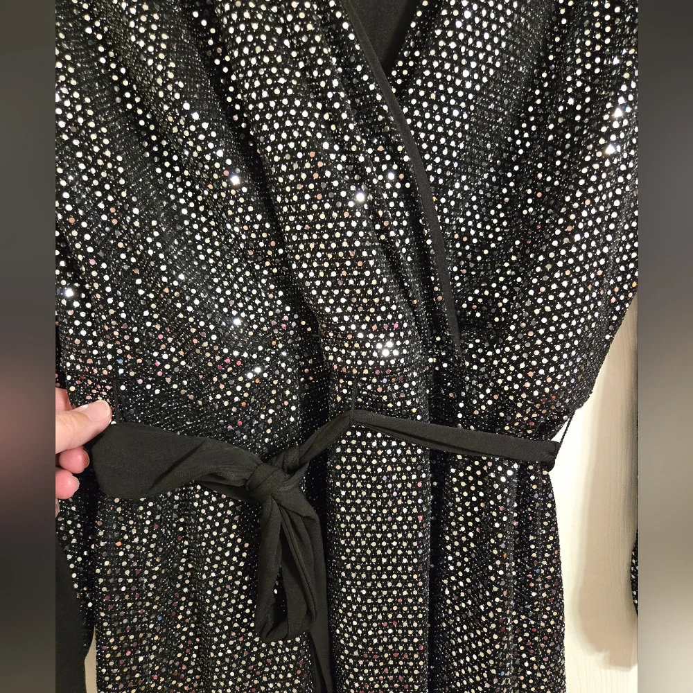 Alexa B Nites Faux Wrap Dress Black Sequin disco ball  size 14W NWT - Picture 6 of 11